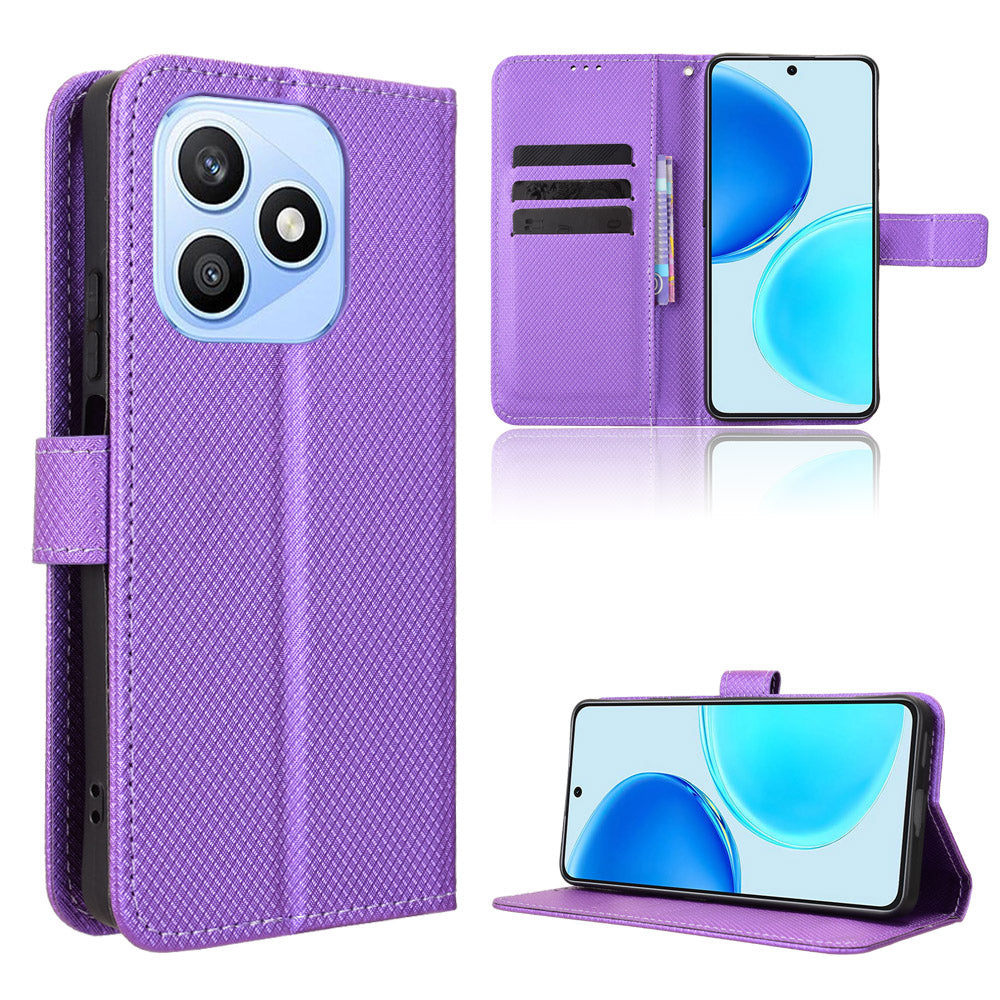 For Honor X8d 4G Leather Wallet Case with Strap Diamond Texture Phone Cover