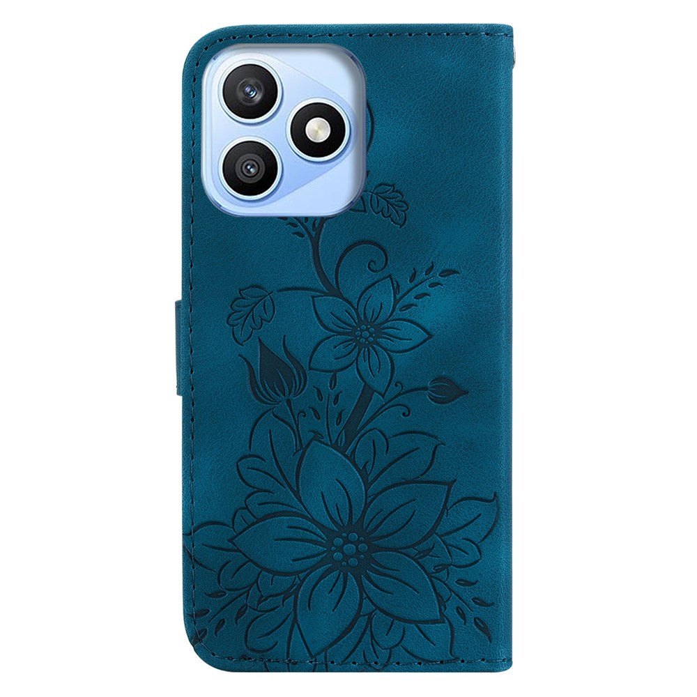 For Honor X8d 4G Stand Case Lily Flower Imprint Leather Phone Cover with Wrist Strap