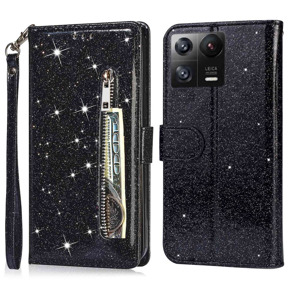For Xiaomi 13 Glitter Sparkly Flip Folio PU Leather Phone Case Zipper Pocket Magnetic Wallet Stand Cover with Strap