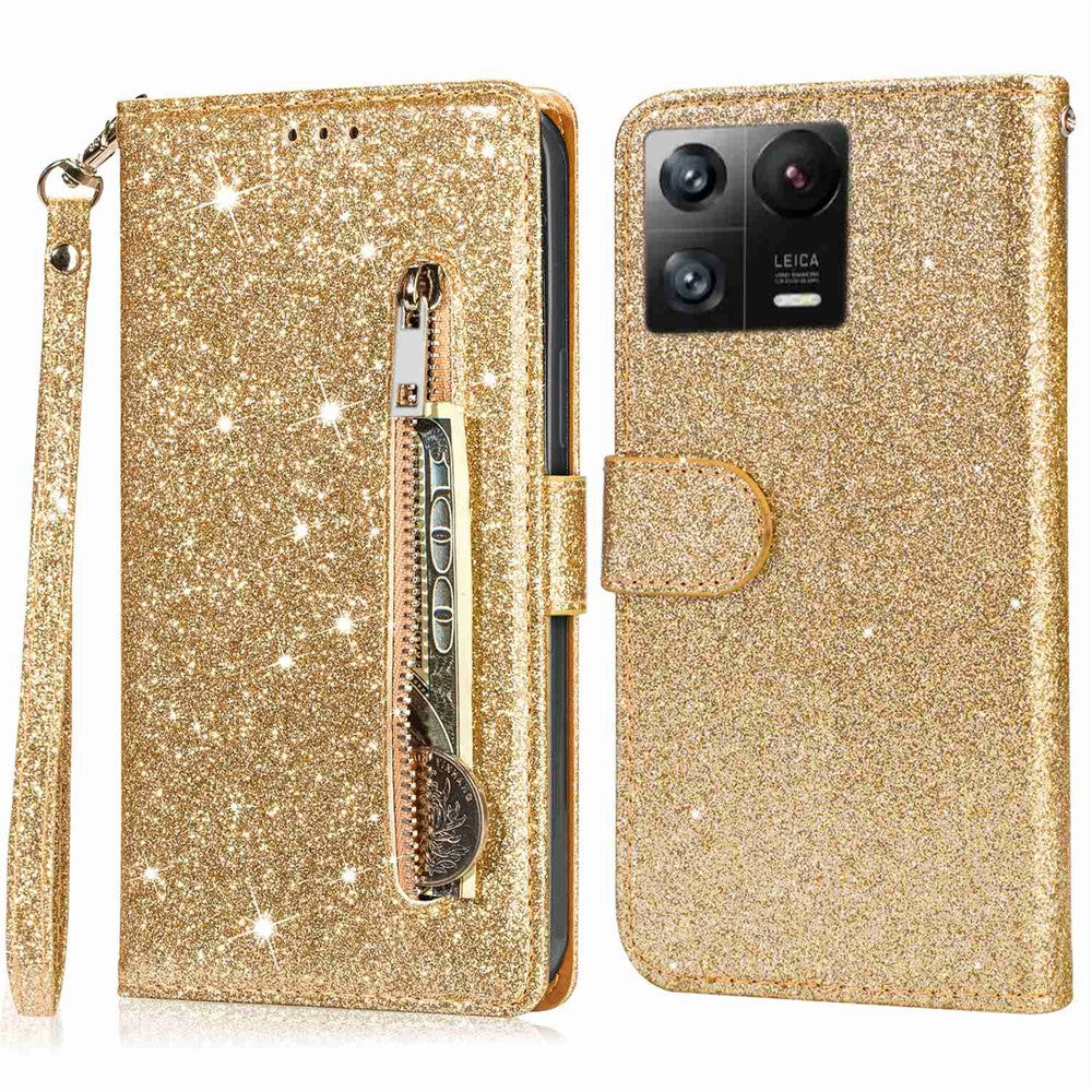 For Xiaomi 13 Glitter Sparkly Flip Folio PU Leather Phone Case Zipper Pocket Magnetic Wallet Stand Cover with Strap