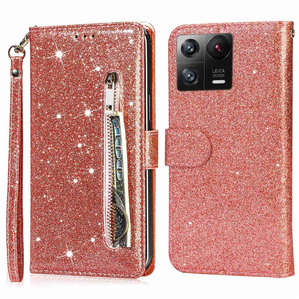 For Xiaomi 13 Glitter Sparkly Flip Folio PU Leather Phone Case Zipper Pocket Magnetic Wallet Stand Cover with Strap