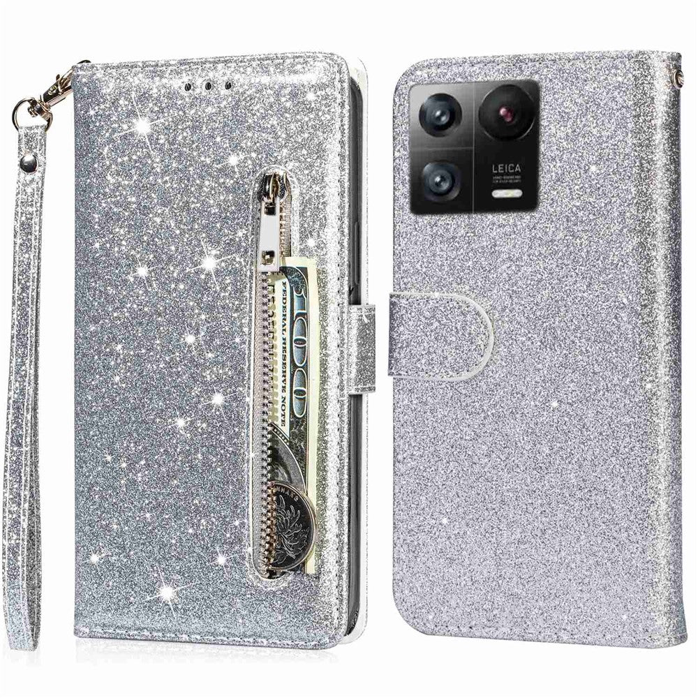 For Xiaomi 13 Glitter Sparkly Flip Folio PU Leather Phone Case Zipper Pocket Magnetic Wallet Stand Cover with Strap