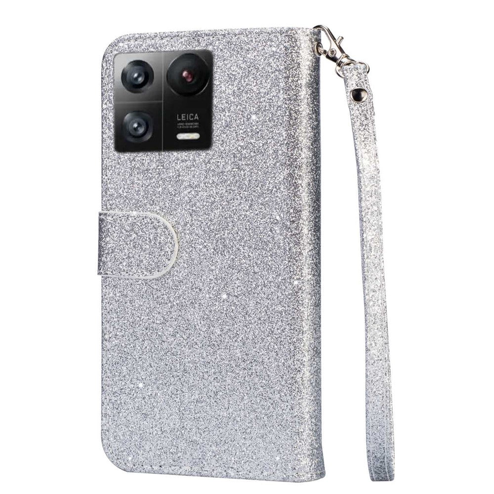 For Xiaomi 13 Glitter Sparkly Flip Folio PU Leather Phone Case Zipper Pocket Magnetic Wallet Stand Cover with Strap