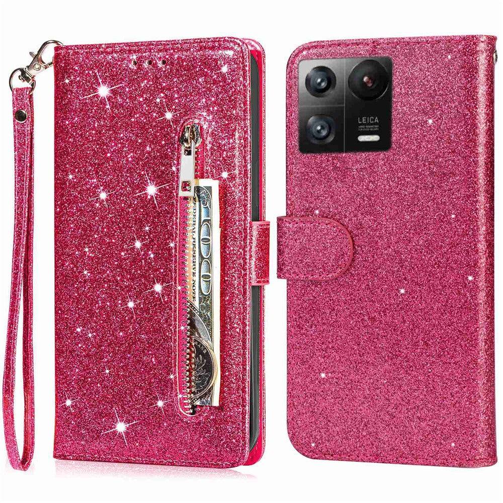For Xiaomi 13 Glitter Sparkly Flip Folio PU Leather Phone Case Zipper Pocket Magnetic Wallet Stand Cover with Strap