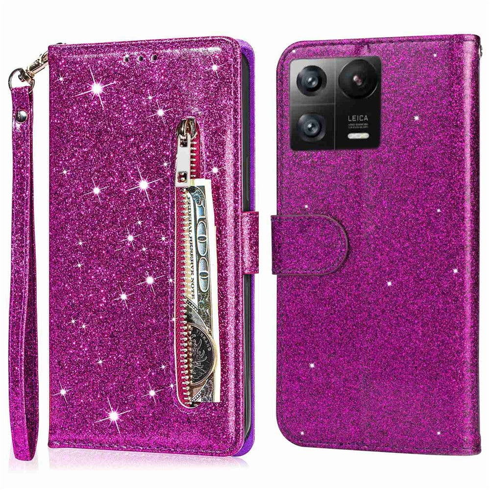 For Xiaomi 13 Glitter Sparkly Flip Folio PU Leather Phone Case Zipper Pocket Magnetic Wallet Stand Cover with Strap