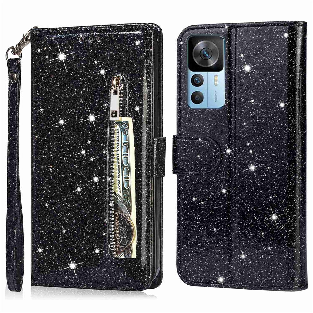 For Xiaomi 12T 5G / 12T Pro 5G / Redmi K50 Ultra 5G Zipper Pocket Glittery PU Leather Shockproof Case Magnetic Clasp Flip Phone Wallet Stand Cover