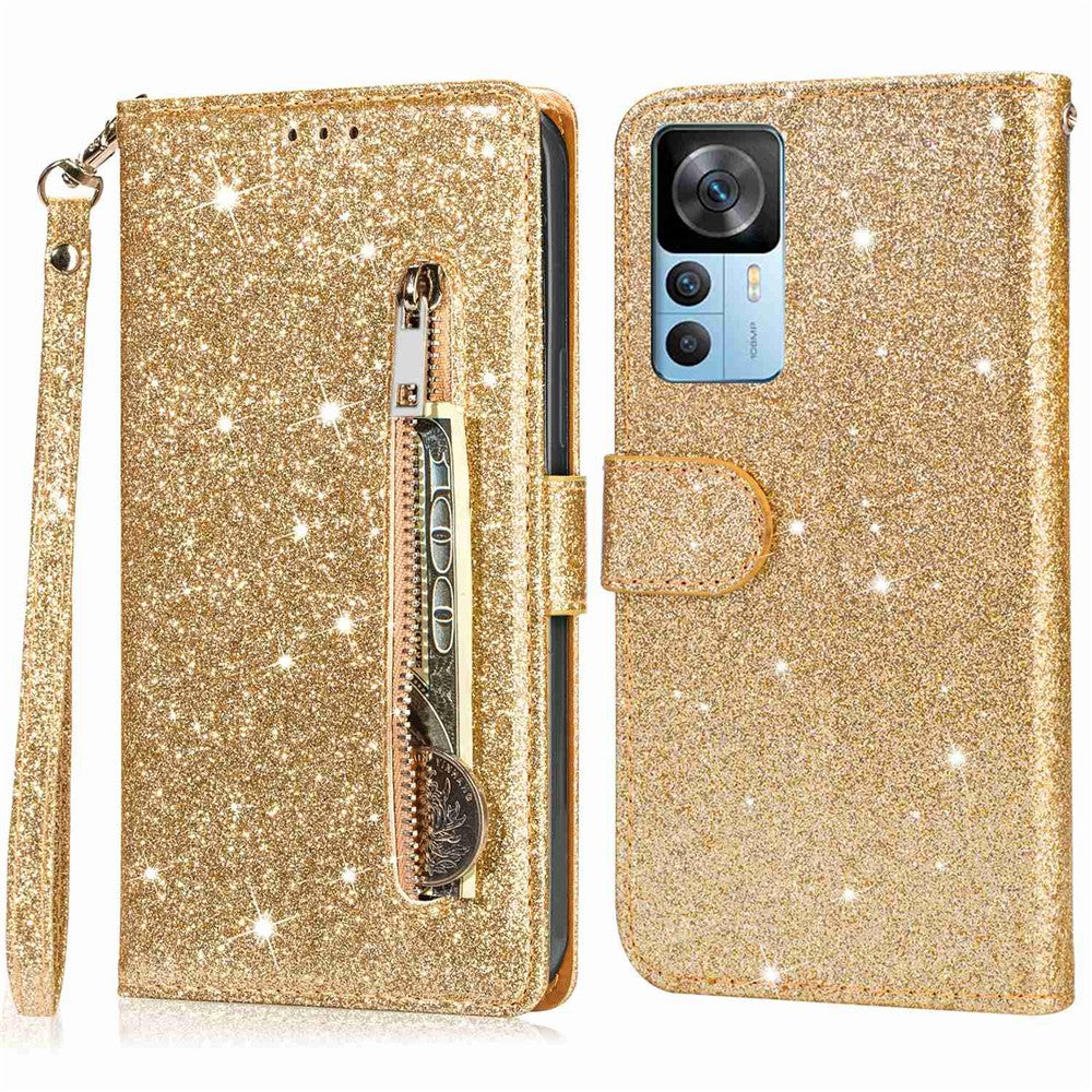 For Xiaomi 12T 5G / 12T Pro 5G / Redmi K50 Ultra 5G Zipper Pocket Glittery PU Leather Shockproof Case Magnetic Clasp Flip Phone Wallet Stand Cover