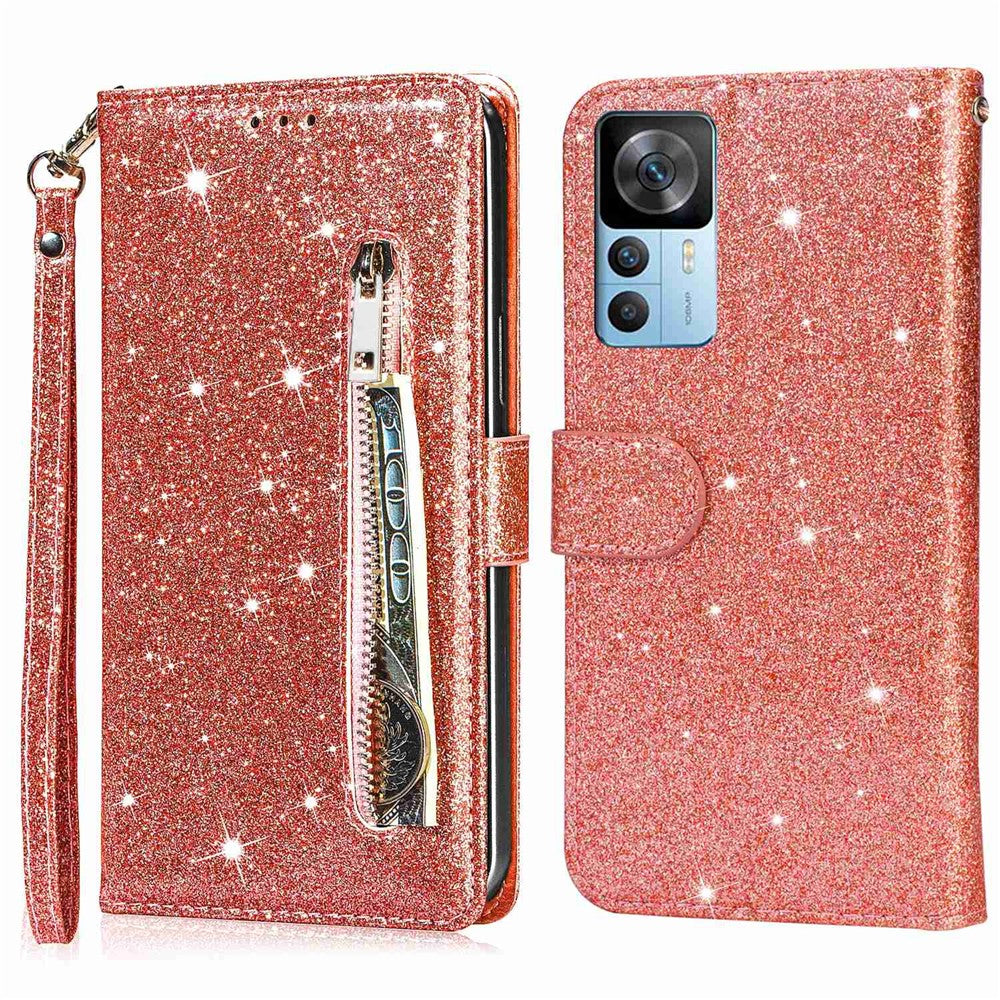 For Xiaomi 12T 5G / 12T Pro 5G / Redmi K50 Ultra 5G Zipper Pocket Glittery PU Leather Shockproof Case Magnetic Clasp Flip Phone Wallet Stand Cover