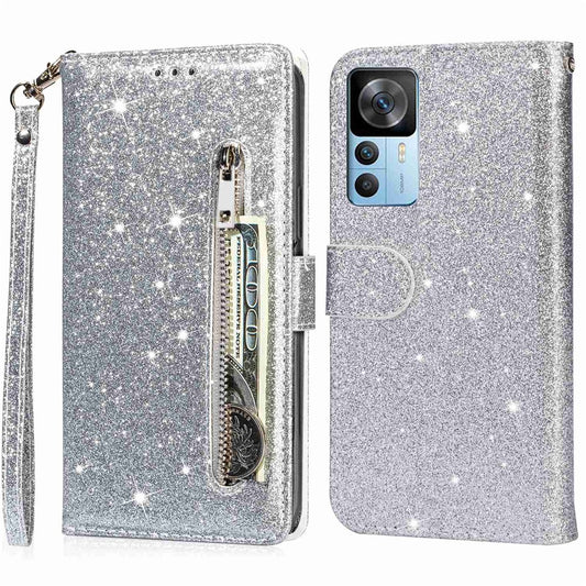 For Xiaomi 12T 5G / 12T Pro 5G / Redmi K50 Ultra 5G Zipper Pocket Glittery PU Leather Shockproof Case Magnetic Clasp Flip Phone Wallet Stand Cover