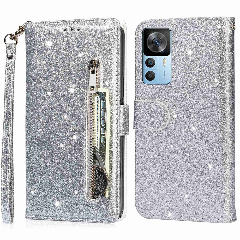 For Xiaomi 12T 5G / 12T Pro 5G / Redmi K50 Ultra 5G Zipper Pocket Glittery PU Leather Shockproof Case Magnetic Clasp Flip Phone Wallet Stand Cover