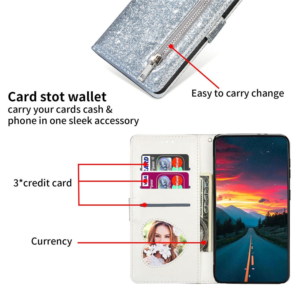 For Xiaomi 12T 5G / 12T Pro 5G / Redmi K50 Ultra 5G Zipper Pocket Glittery PU Leather Shockproof Case Magnetic Clasp Flip Phone Wallet Stand Cover