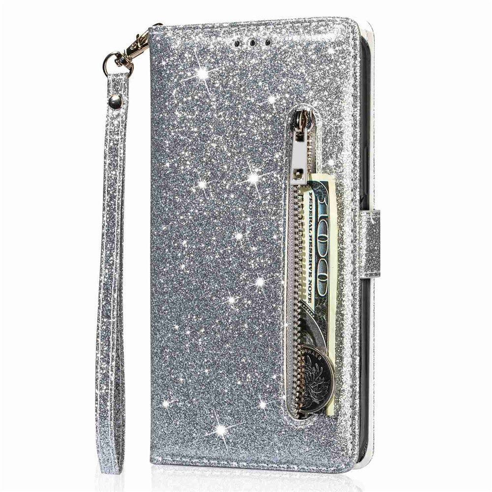 For Xiaomi 12T 5G / 12T Pro 5G / Redmi K50 Ultra 5G Zipper Pocket Glittery PU Leather Shockproof Case Magnetic Clasp Flip Phone Wallet Stand Cover