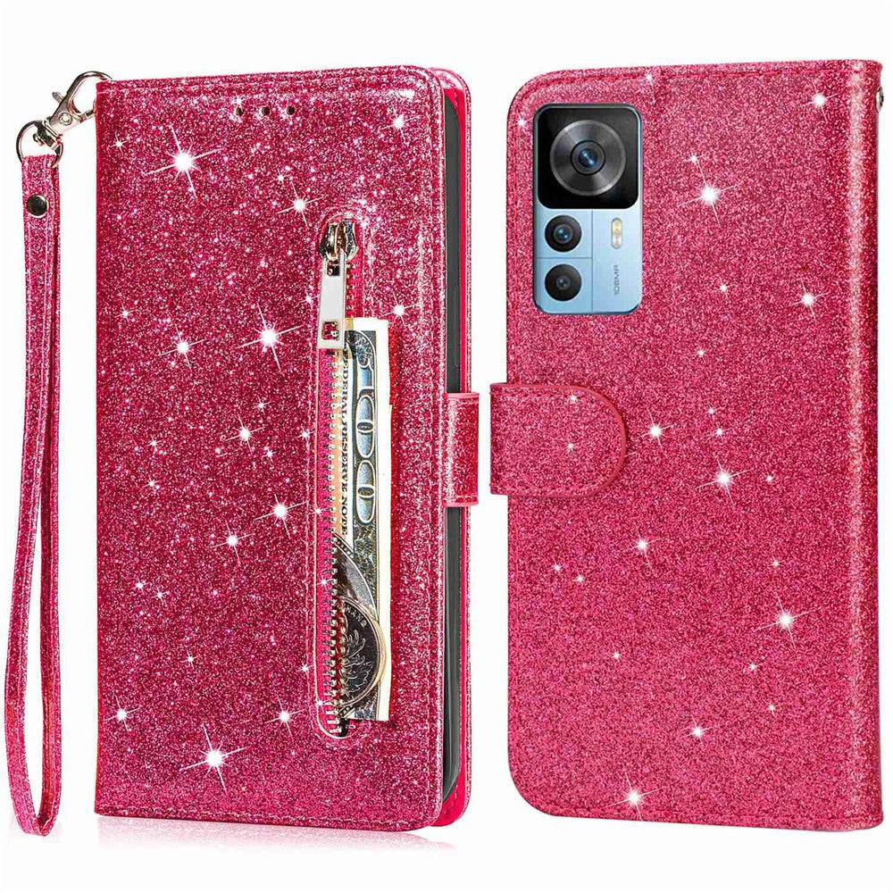For Xiaomi 12T 5G / 12T Pro 5G / Redmi K50 Ultra 5G Zipper Pocket Glittery PU Leather Shockproof Case Magnetic Clasp Flip Phone Wallet Stand Cover