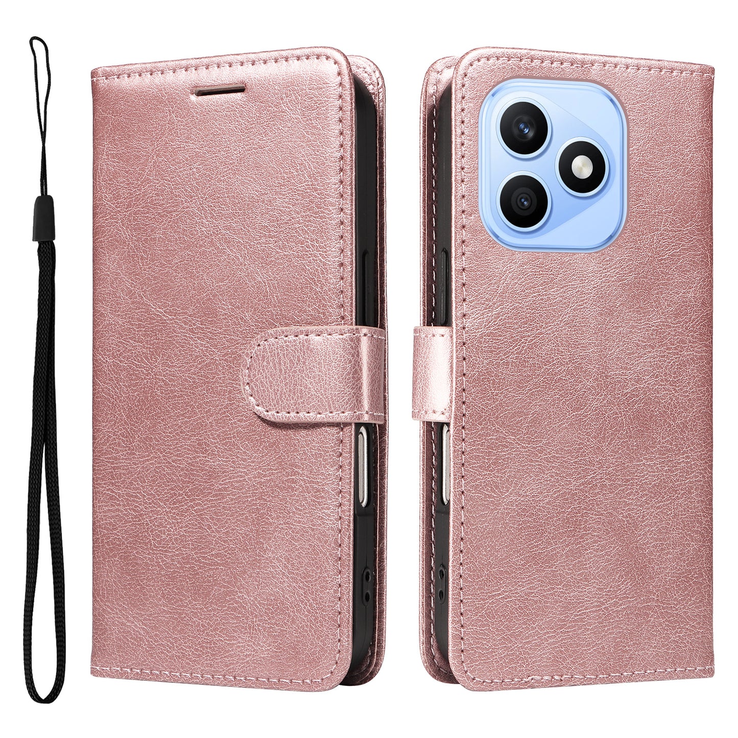 For Honor X8d 4G Leather Wallet Case with Strap Solid Color Phone Stand Cover
