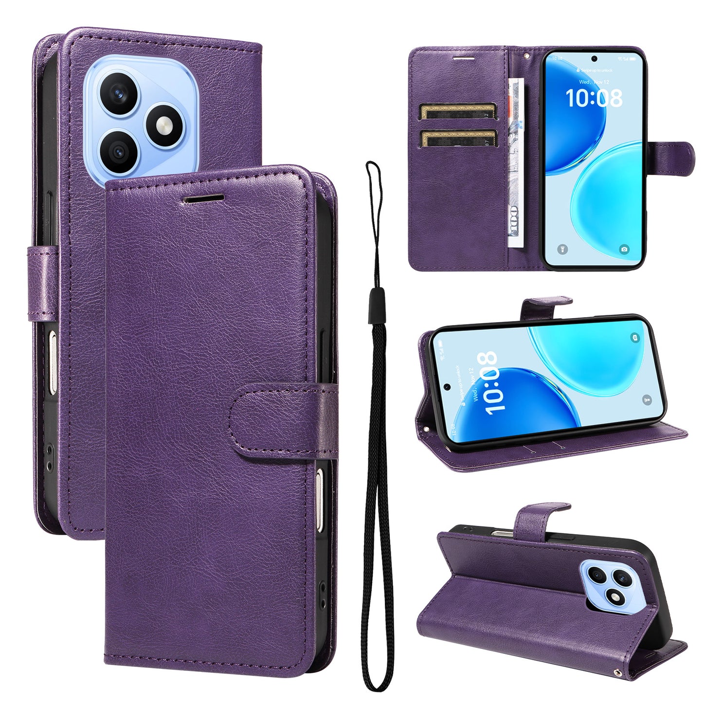 For Honor X8d 4G Leather Wallet Case with Strap Solid Color Phone Stand Cover