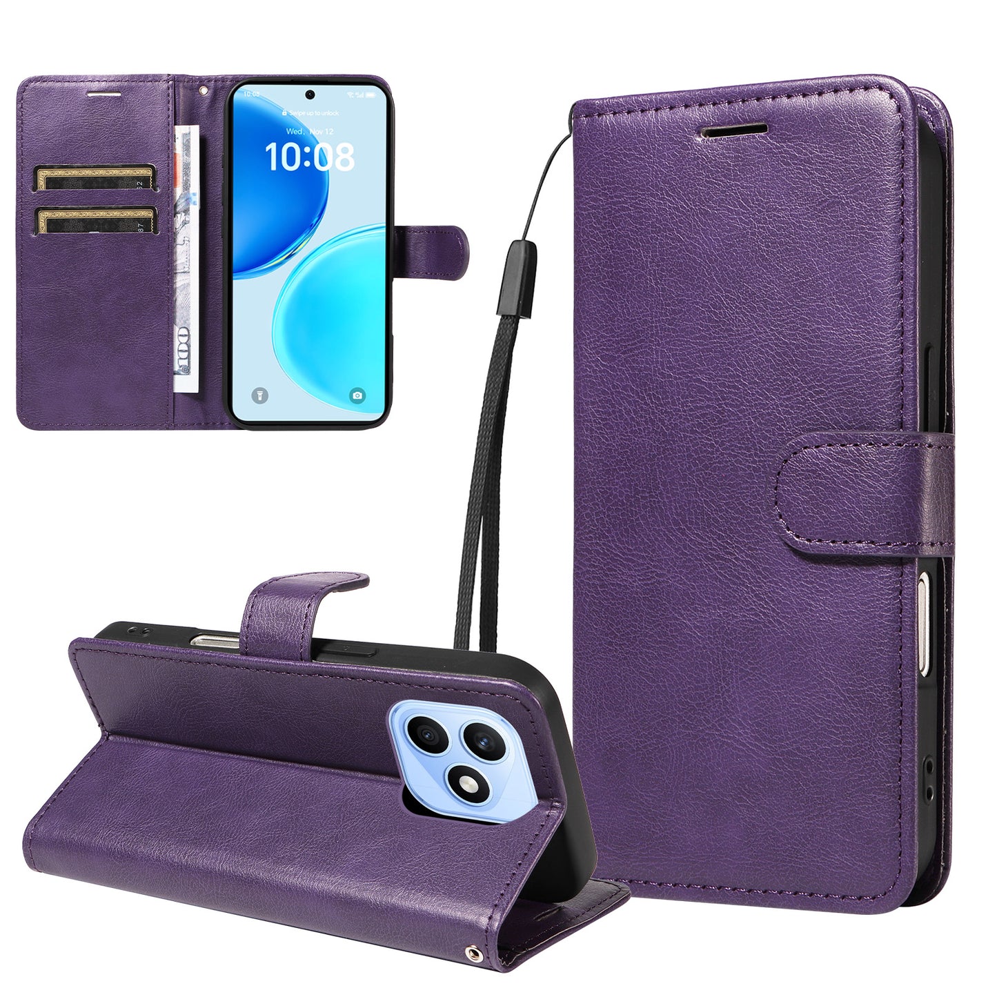 For Honor X8d 4G Leather Wallet Case with Strap Solid Color Phone Stand Cover