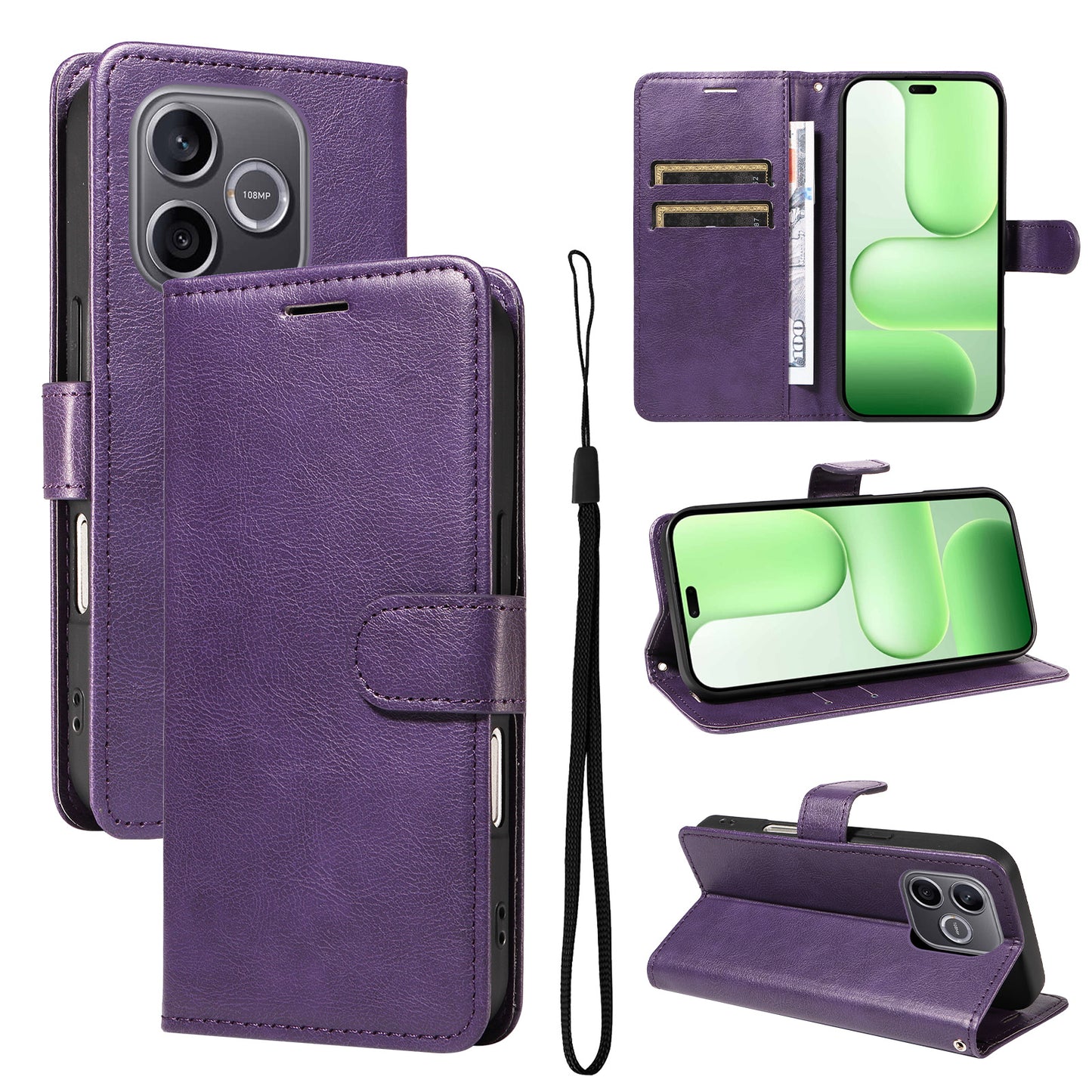 For Honor 600 Lite 5G Leather Wallet Case with Strap Solid Color Phone Stand Cover