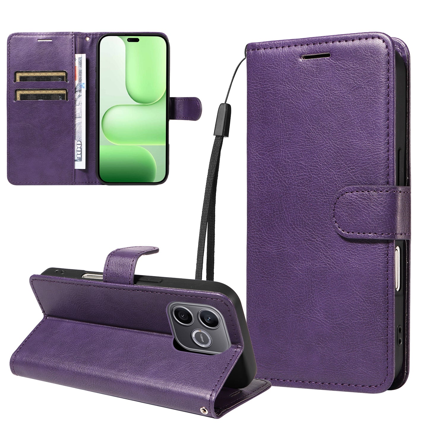 For Honor 600 Lite 5G Leather Wallet Case with Strap Solid Color Phone Stand Cover