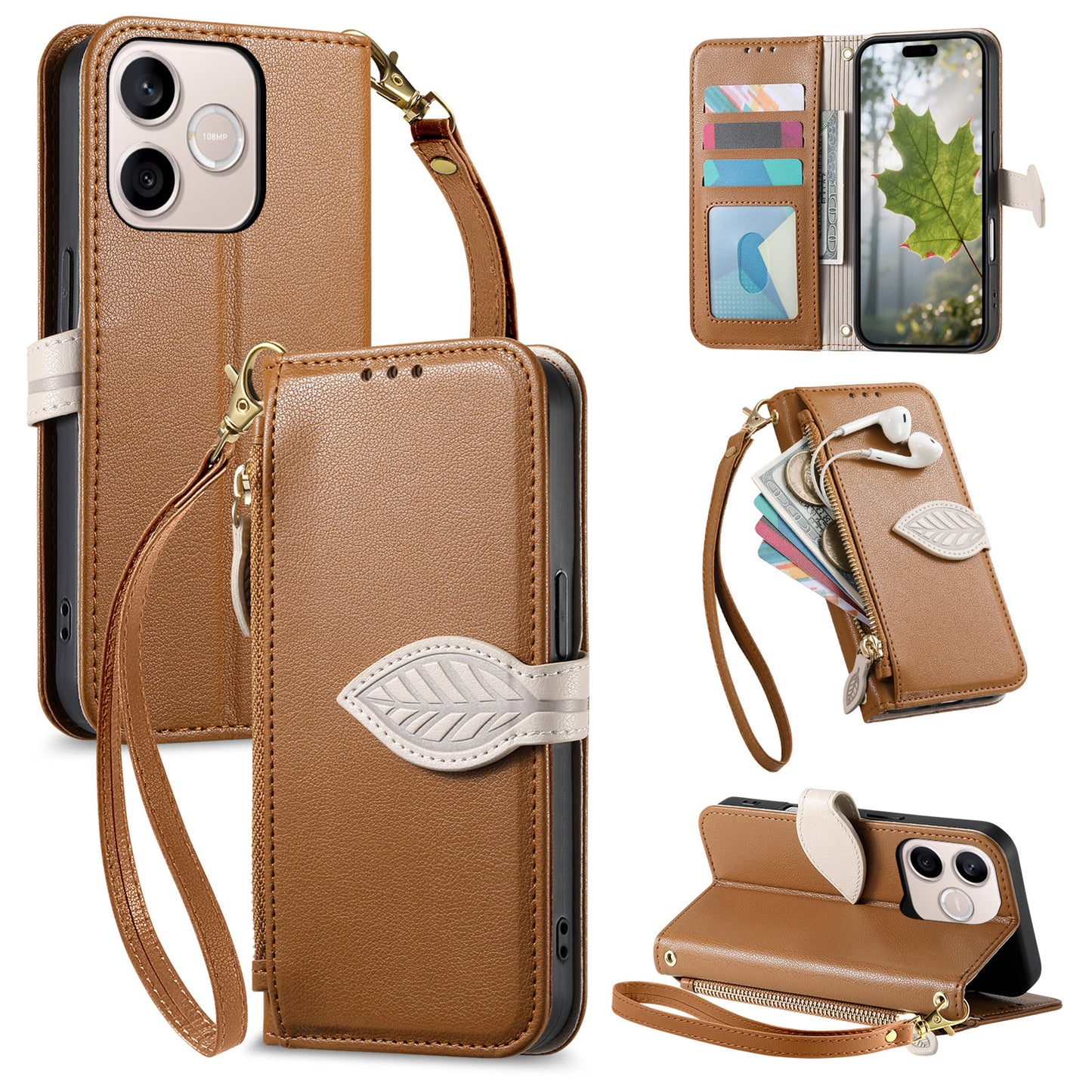 For Honor 600 Lite 5G Stand Case Leaf Shape Magnetic Clasp Leather Phone Cover with Hand Strap