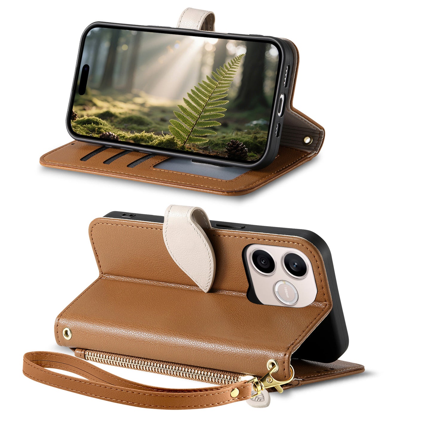 For Honor 600 Lite 5G Stand Case Leaf Shape Magnetic Clasp Leather Phone Cover with Hand Strap