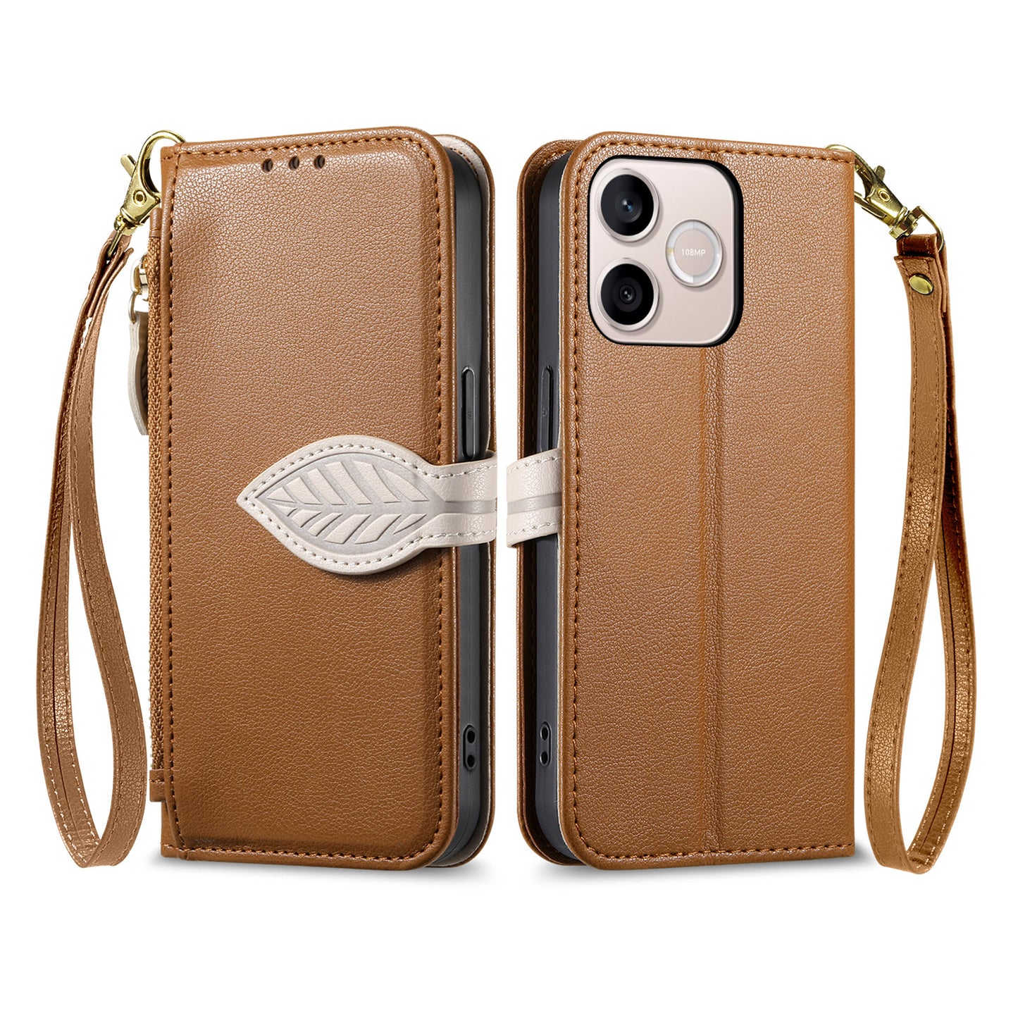 For Honor 600 Lite 5G Stand Case Leaf Shape Magnetic Clasp Leather Phone Cover with Hand Strap