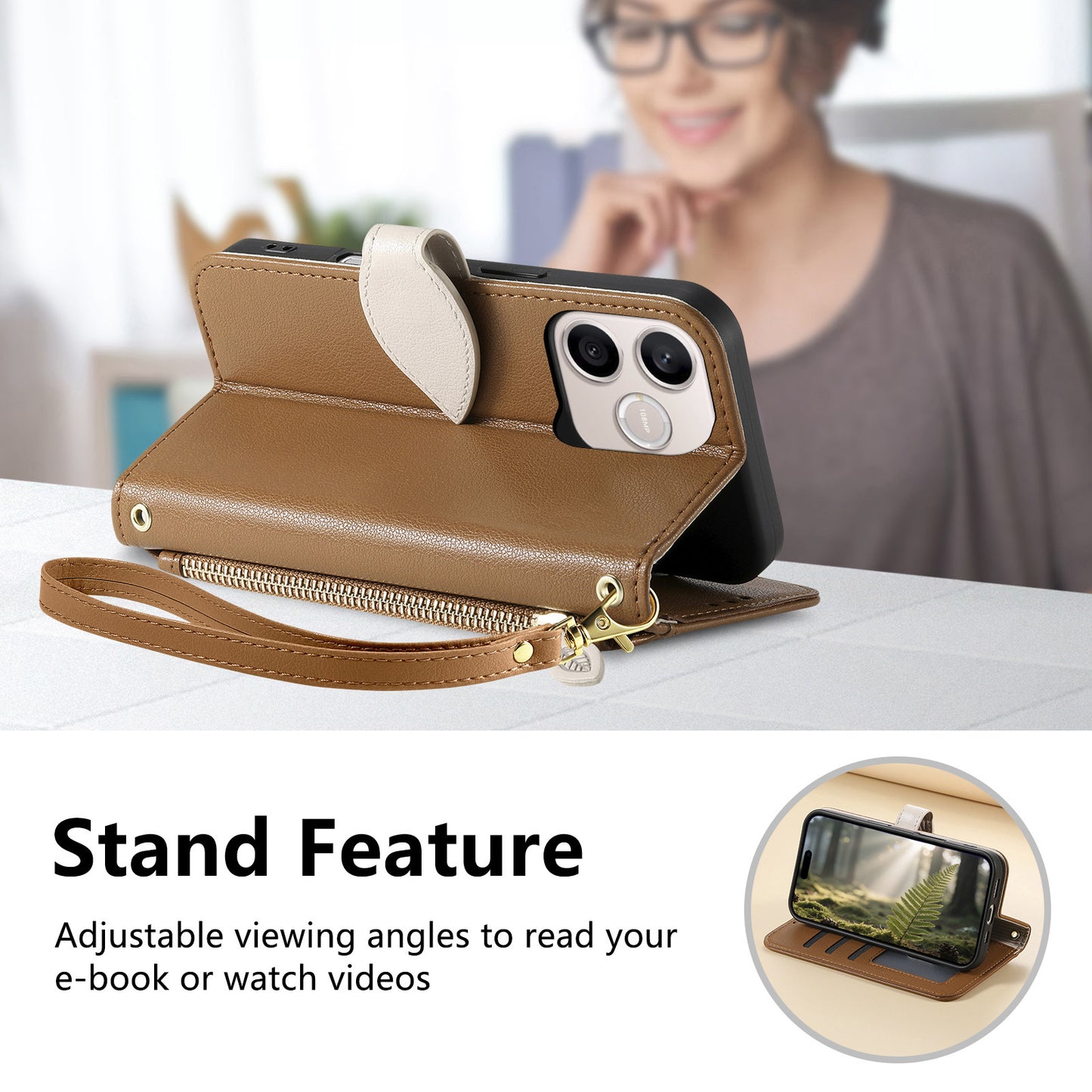 For Honor 600 Lite 5G Stand Case Leaf Shape Magnetic Clasp Leather Phone Cover with Hand Strap