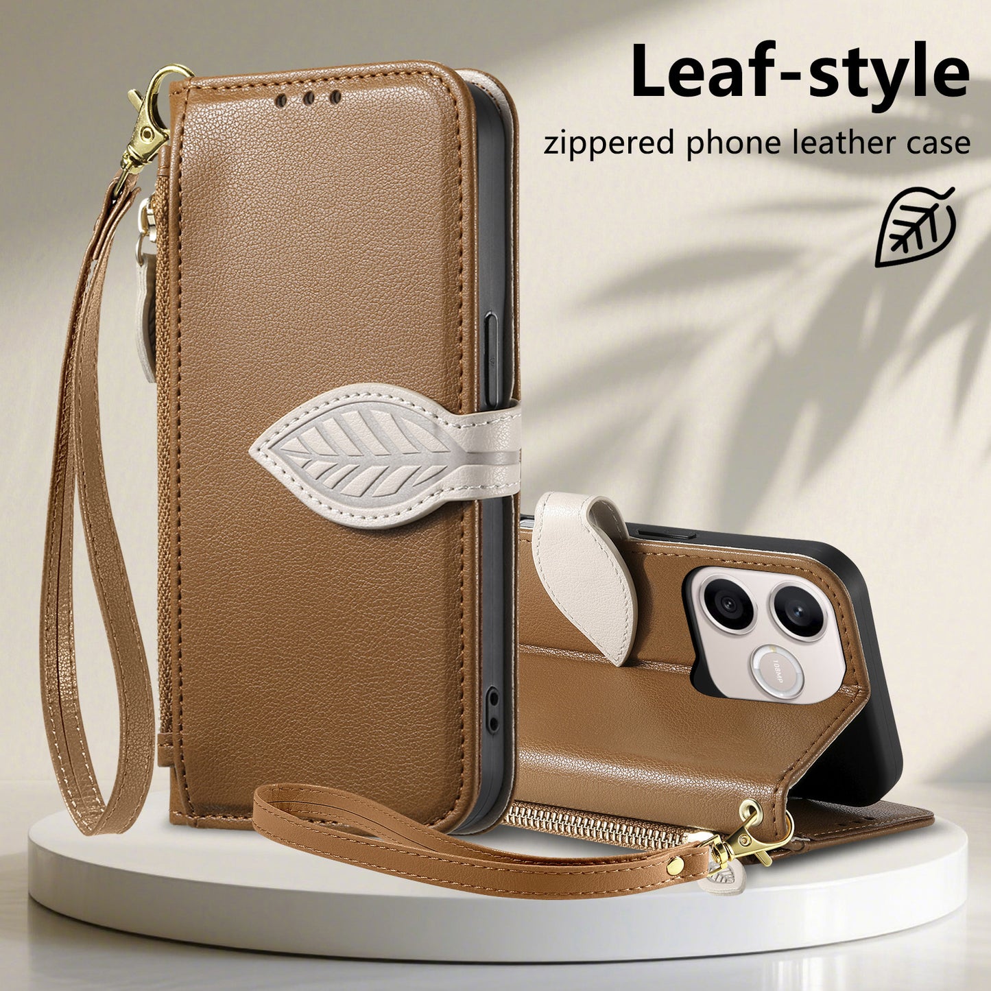 For Honor 600 Lite 5G Stand Case Leaf Shape Magnetic Clasp Leather Phone Cover with Hand Strap