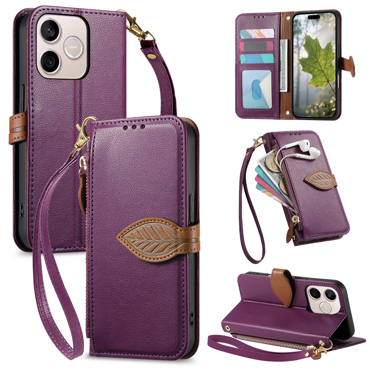 For Honor 600 Lite 5G Stand Case Leaf Shape Magnetic Clasp Leather Phone Cover with Hand Strap