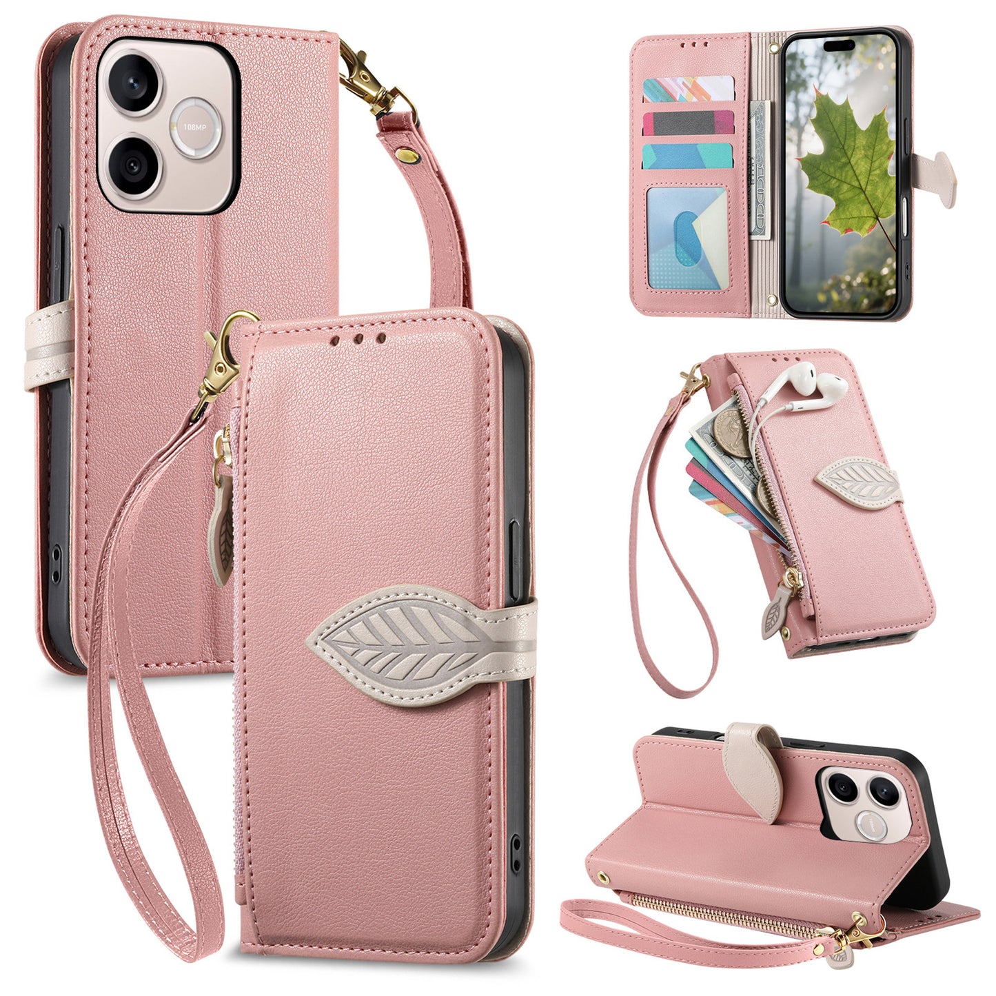 For Honor 600 Lite 5G Stand Case Leaf Shape Magnetic Clasp Leather Phone Cover with Hand Strap