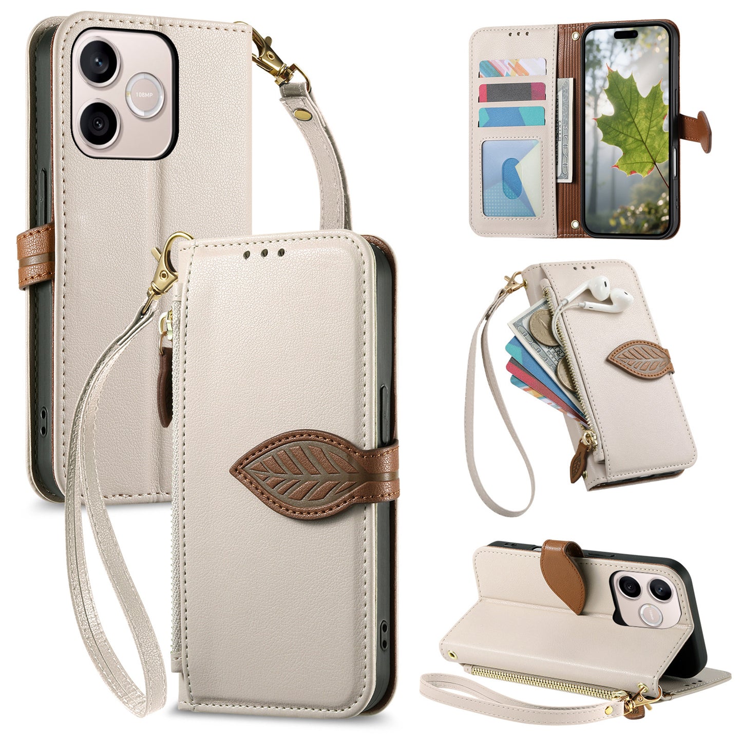 For Honor 600 Lite 5G Stand Case Leaf Shape Magnetic Clasp Leather Phone Cover with Hand Strap