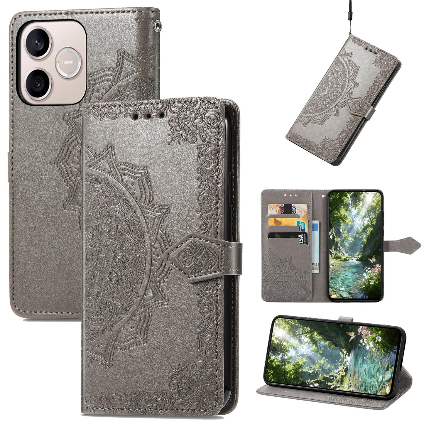 Honor 600 Lite 5G Wallet-Handyhülle – Aus geprägtem Mandala-Leder, mit Magnetverschluss & Klappverschluss