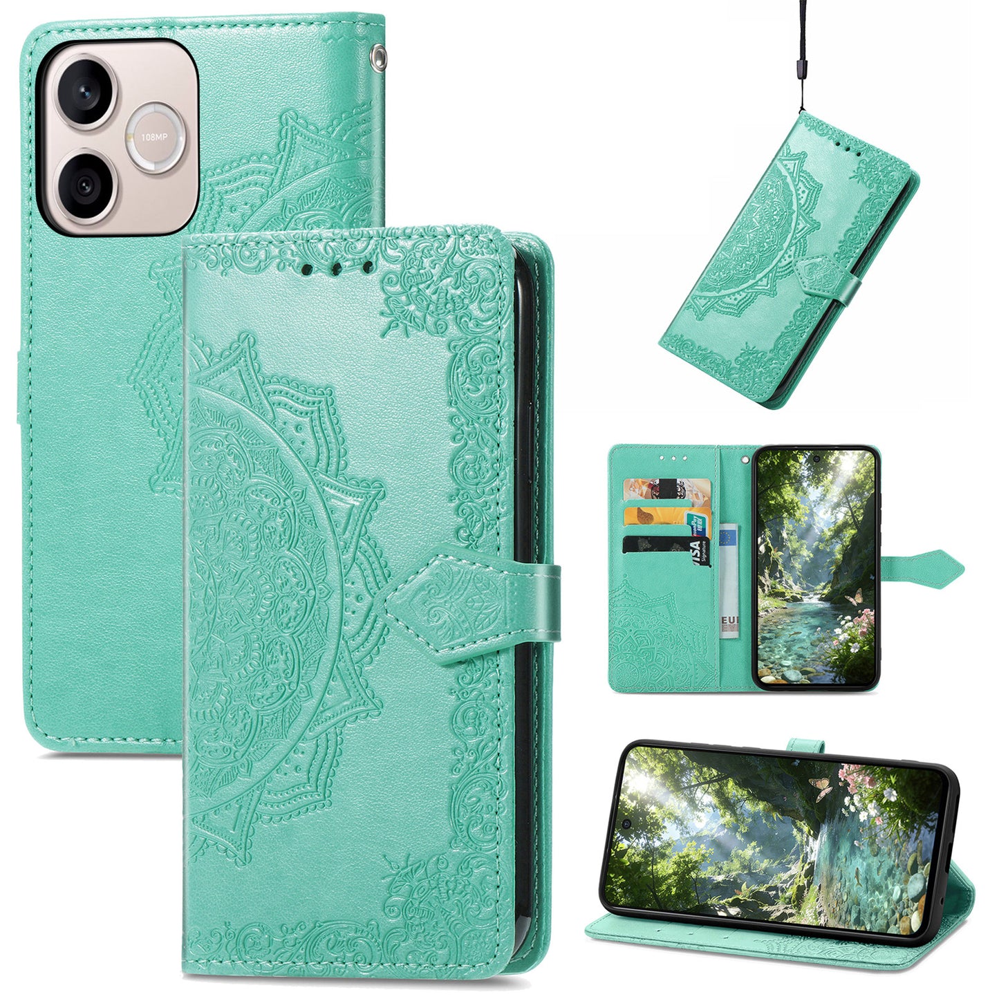 Honor 600 Lite 5G Wallet-Handyhülle – Aus geprägtem Mandala-Leder, mit Magnetverschluss & Klappverschluss