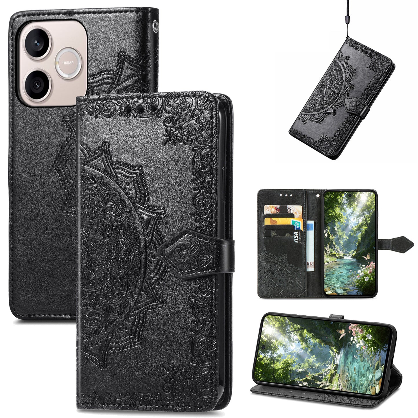 Honor 600 Lite 5G Wallet-Handyhülle – Aus geprägtem Mandala-Leder, mit Magnetverschluss & Klappverschluss