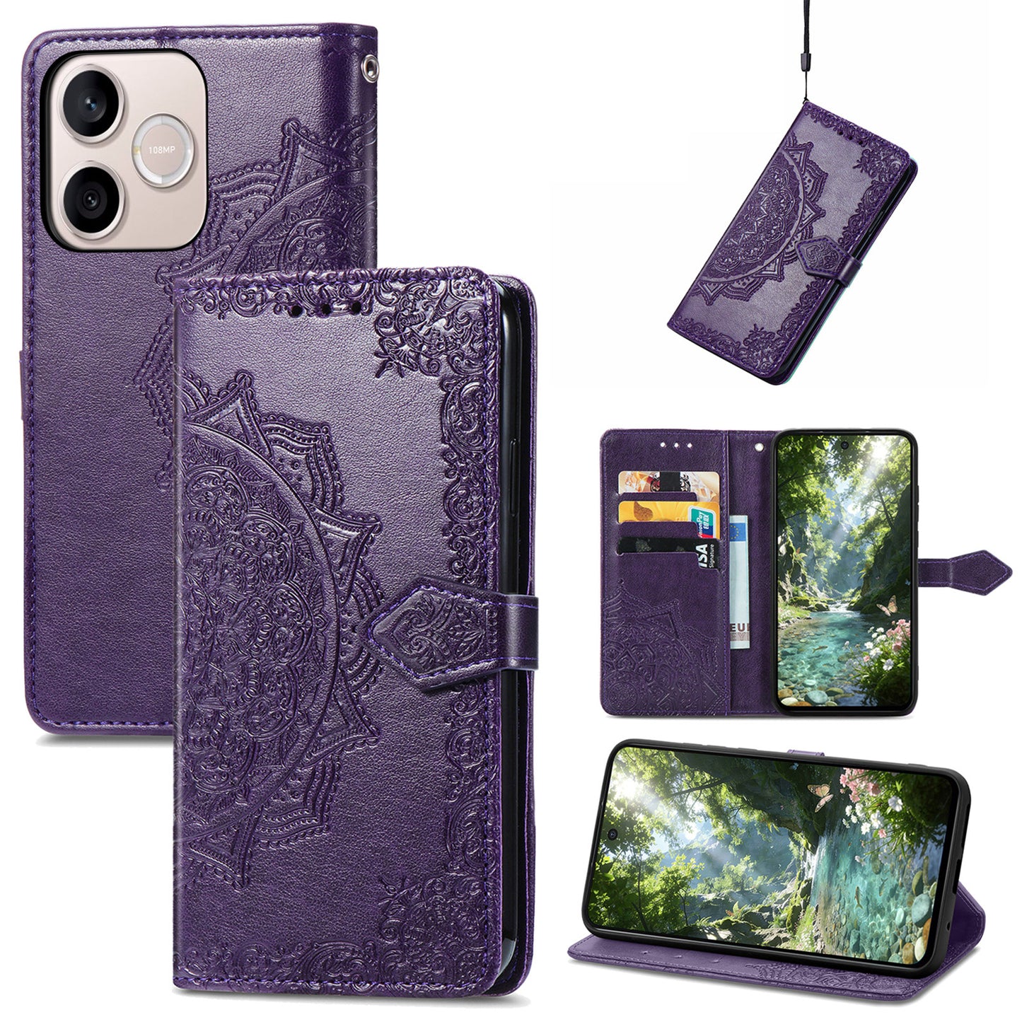 Honor 600 Lite 5G Wallet-Handyhülle – Aus geprägtem Mandala-Leder, mit Magnetverschluss & Klappverschluss