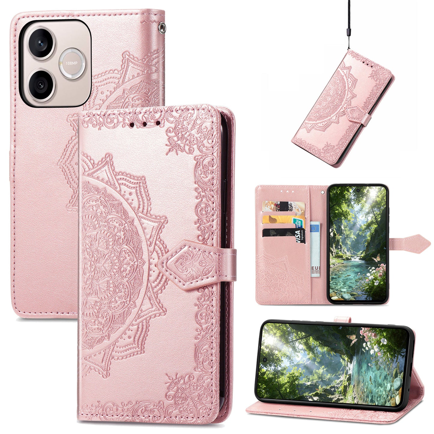 Honor 600 Lite 5G Wallet-Handyhülle – Aus geprägtem Mandala-Leder, mit Magnetverschluss & Klappverschluss