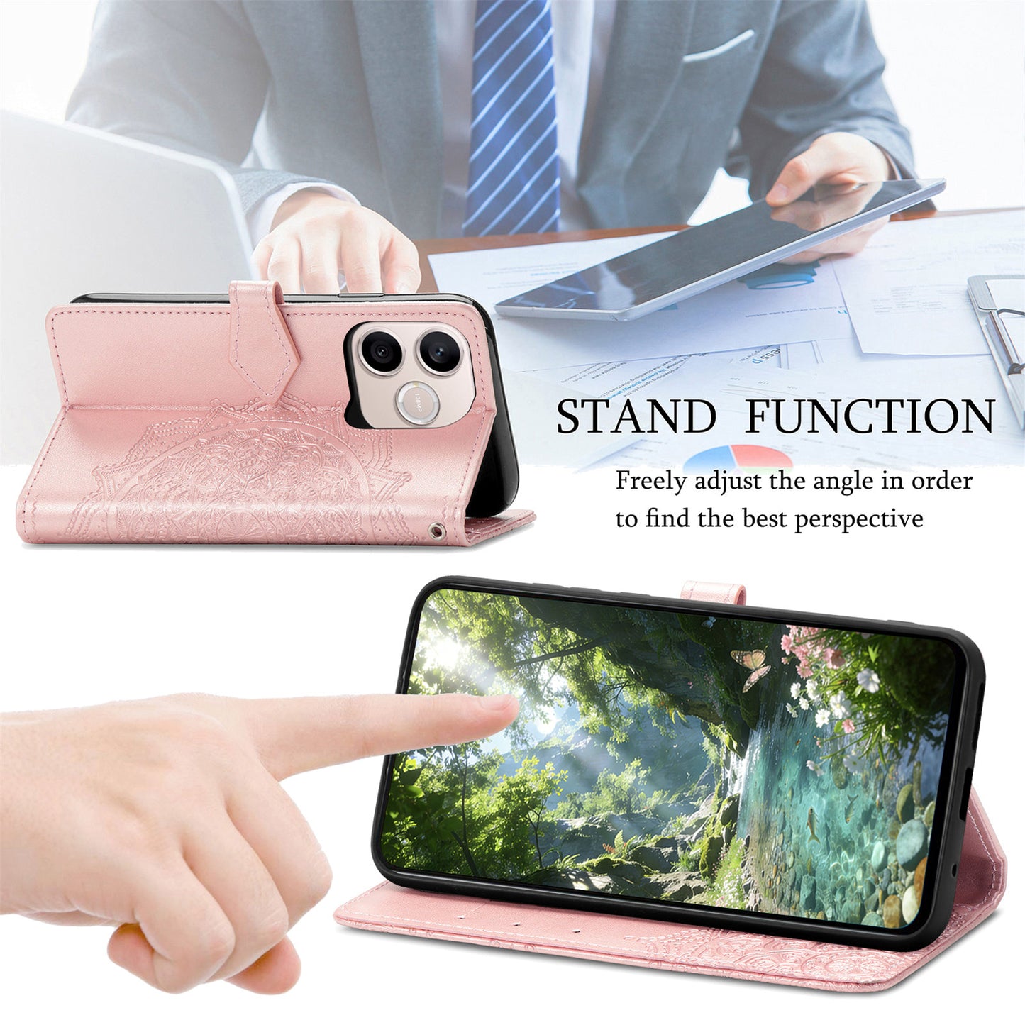 Honor 600 Lite 5G Wallet-Handyhülle – Aus geprägtem Mandala-Leder, mit Magnetverschluss & Klappverschluss