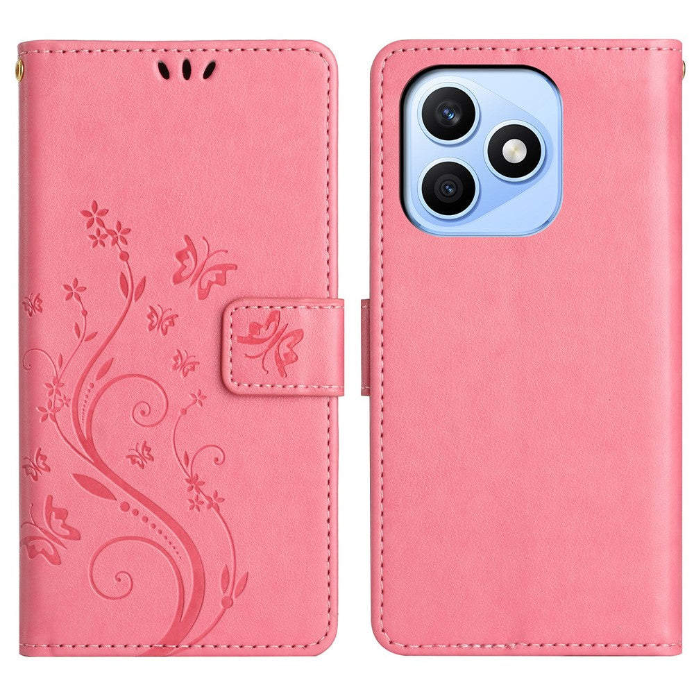 For Honor X8d 4G Leather Wallet Case Butterfly Flower Imprinted Phone Cover with Strap