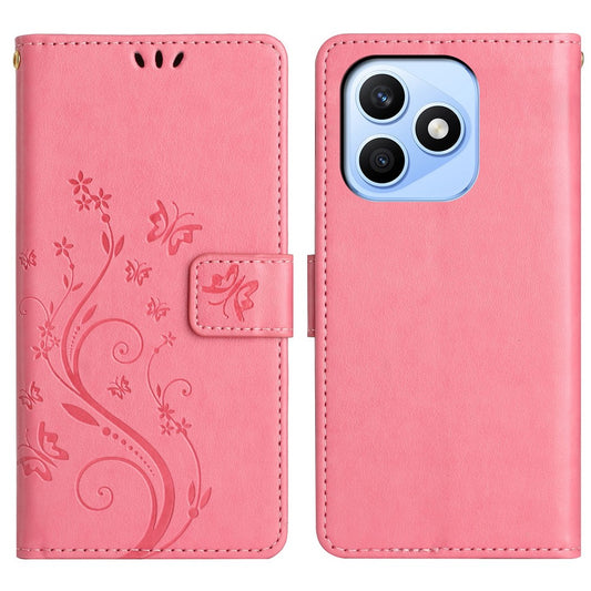 Honor X8d 4G Handyhülle – Leder-Geldbörsen- mit Schmetterlingsblumen-Aufdruck und Riemen
