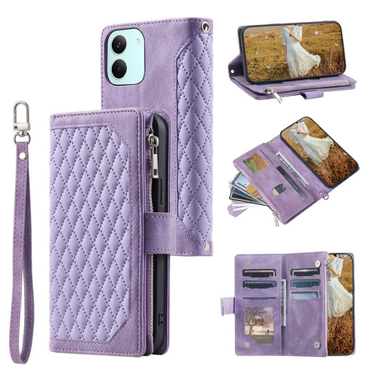 Wallet Case for Xiaomi Poco X8 Pro 5G  /  Redmi Turbo 5 5G Rhombus Stitching Line PU Leather Phone Cover with Wrist Strap