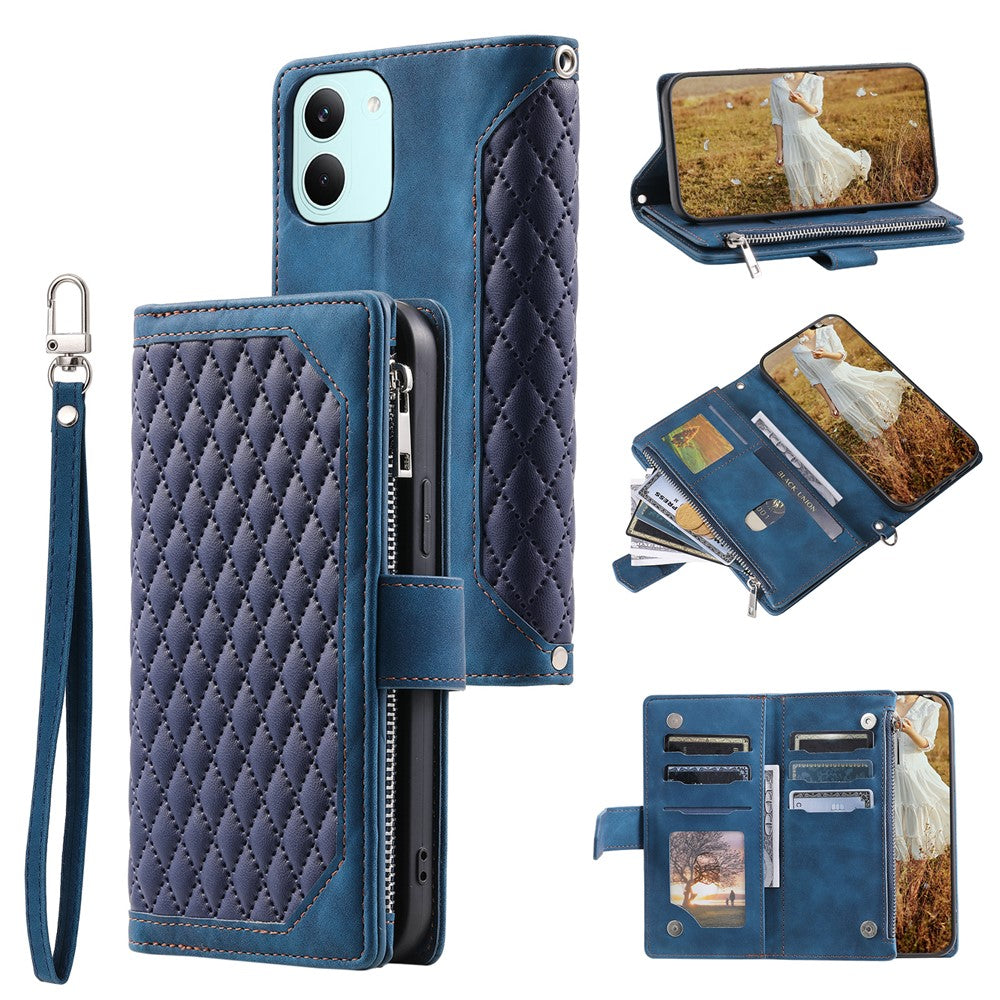 Wallet Case for Xiaomi Poco X8 Pro 5G  /  Redmi Turbo 5 5G Rhombus Stitching Line PU Leather Phone Cover with Wrist Strap