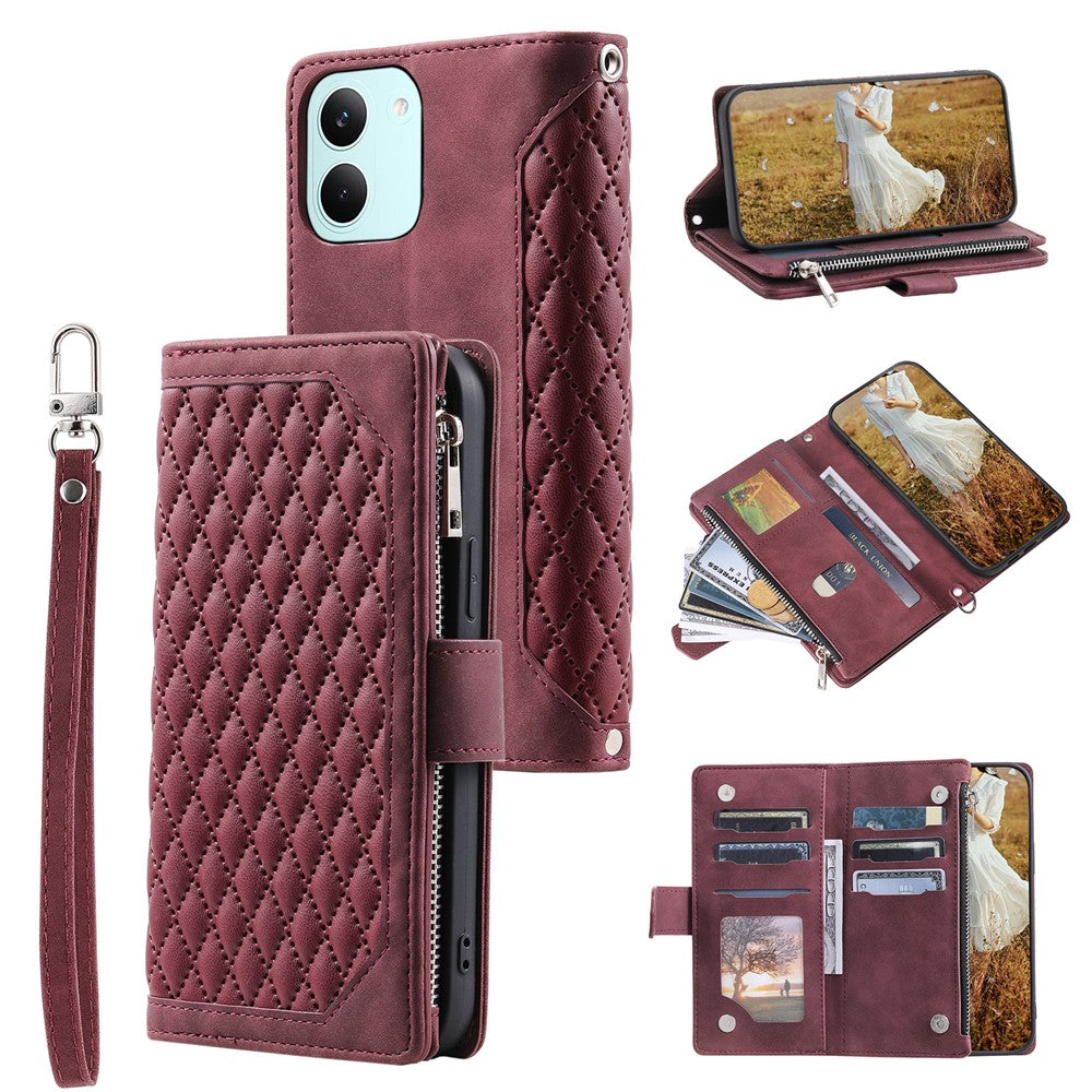Wallet Case for Xiaomi Poco X8 Pro 5G  /  Redmi Turbo 5 5G Rhombus Stitching Line PU Leather Phone Cover with Wrist Strap