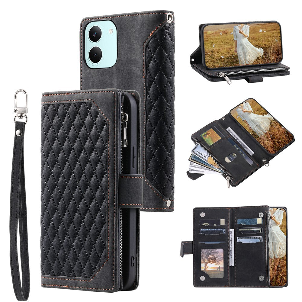 Wallet Case for Xiaomi Poco X8 Pro 5G  /  Redmi Turbo 5 5G Rhombus Stitching Line PU Leather Phone Cover with Wrist Strap