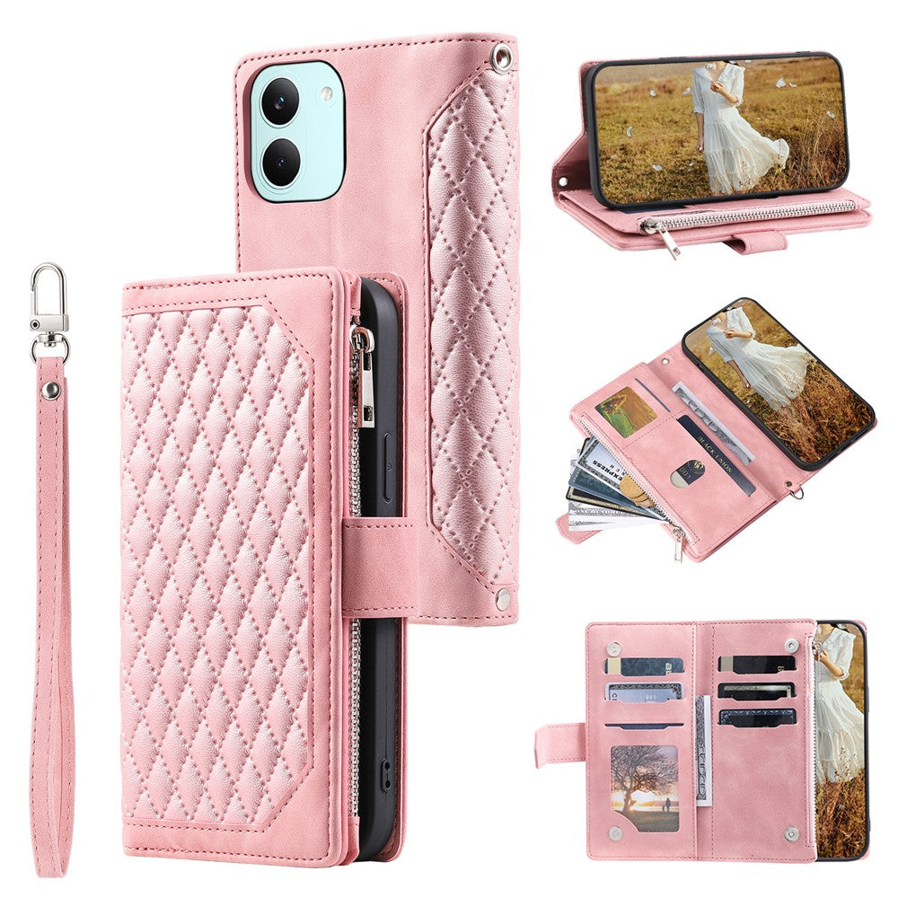Wallet Case for Xiaomi Poco X8 Pro 5G  /  Redmi Turbo 5 5G Rhombus Stitching Line PU Leather Phone Cover with Wrist Strap