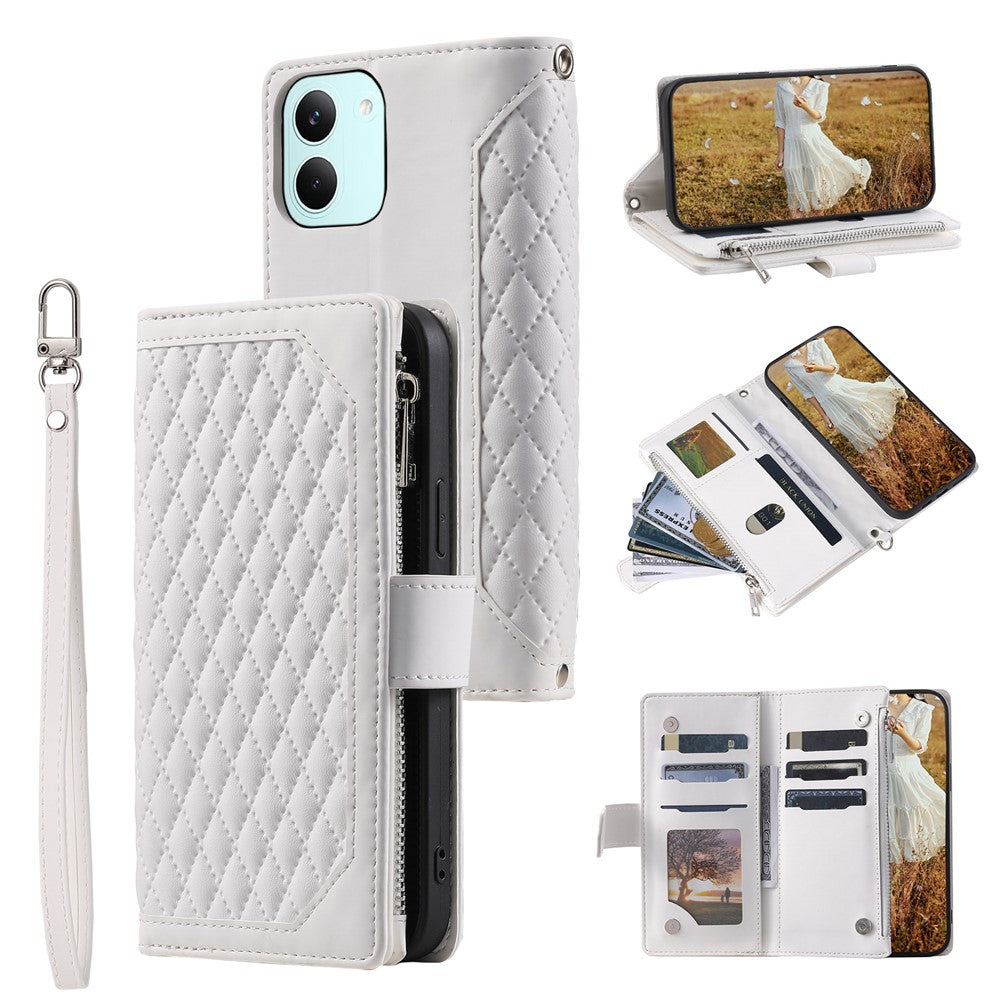 Wallet Case for Xiaomi Poco X8 Pro 5G  /  Redmi Turbo 5 5G Rhombus Stitching Line PU Leather Phone Cover with Wrist Strap