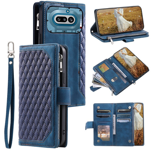 For Nothing Phone (4a) Wallet Case Rhombus Stitching Line PU Leather Phone Cover with Wrist Strap