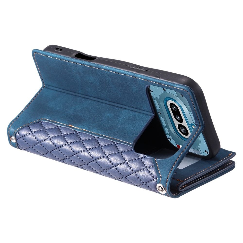 For Nothing Phone (4a) Wallet Case Rhombus Stitching Line PU Leather Phone Cover with Wrist Strap