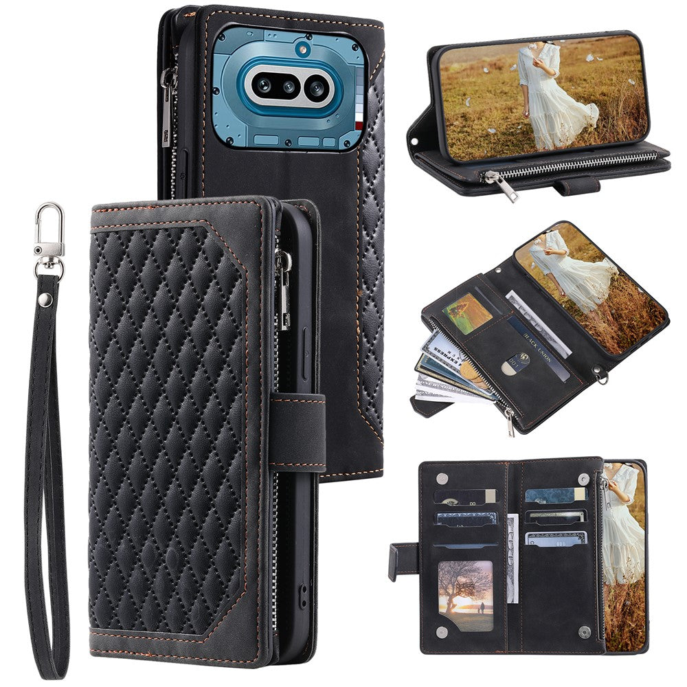 For Nothing Phone (4a) Wallet Case Rhombus Stitching Line PU Leather Phone Cover with Wrist Strap