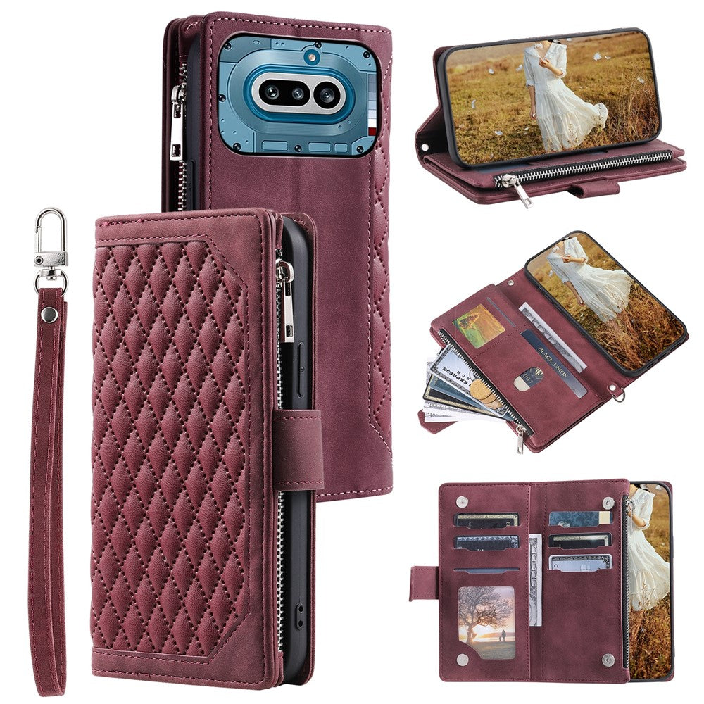 For Nothing Phone (4a) Wallet Case Rhombus Stitching Line PU Leather Phone Cover with Wrist Strap