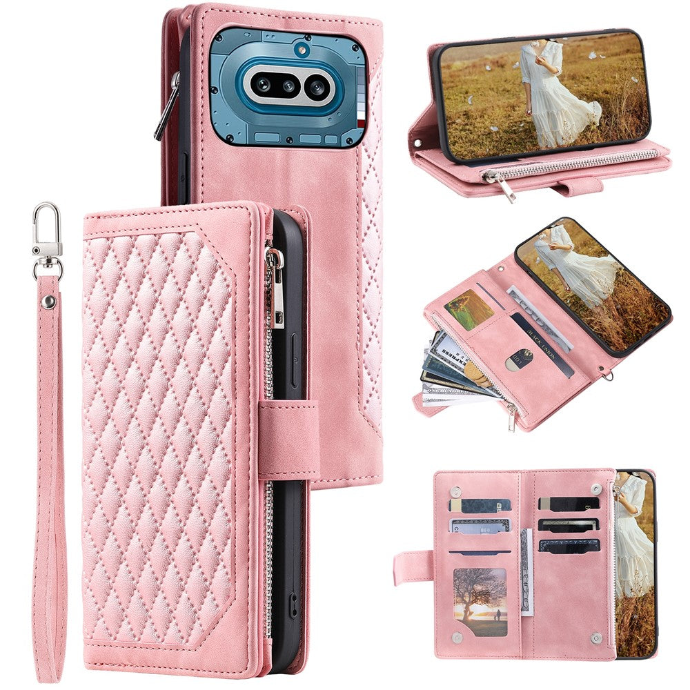 For Nothing Phone (4a) Wallet Case Rhombus Stitching Line PU Leather Phone Cover with Wrist Strap