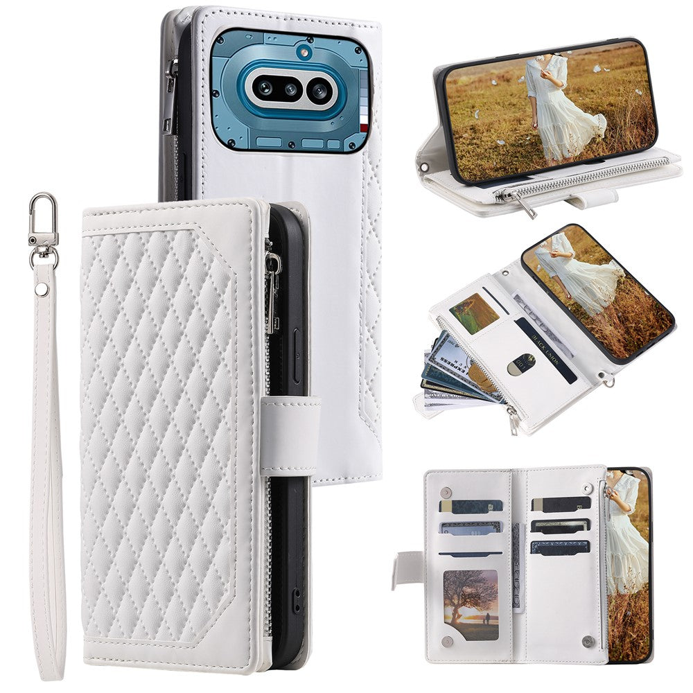 For Nothing Phone (4a) Wallet Case Rhombus Stitching Line PU Leather Phone Cover with Wrist Strap